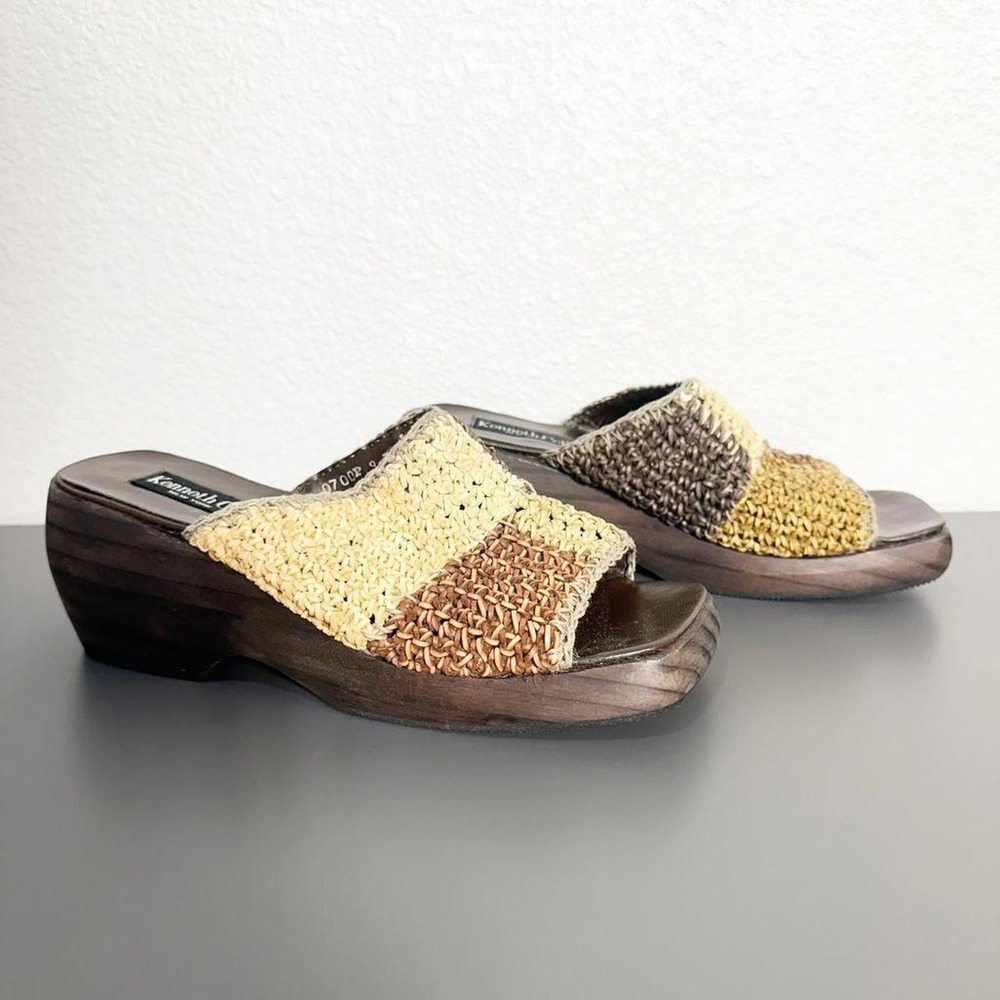 Vintage Y2K Kenneth Cole Size 9 Woven Leather Slip On Wooden‎ Heeled Sandals